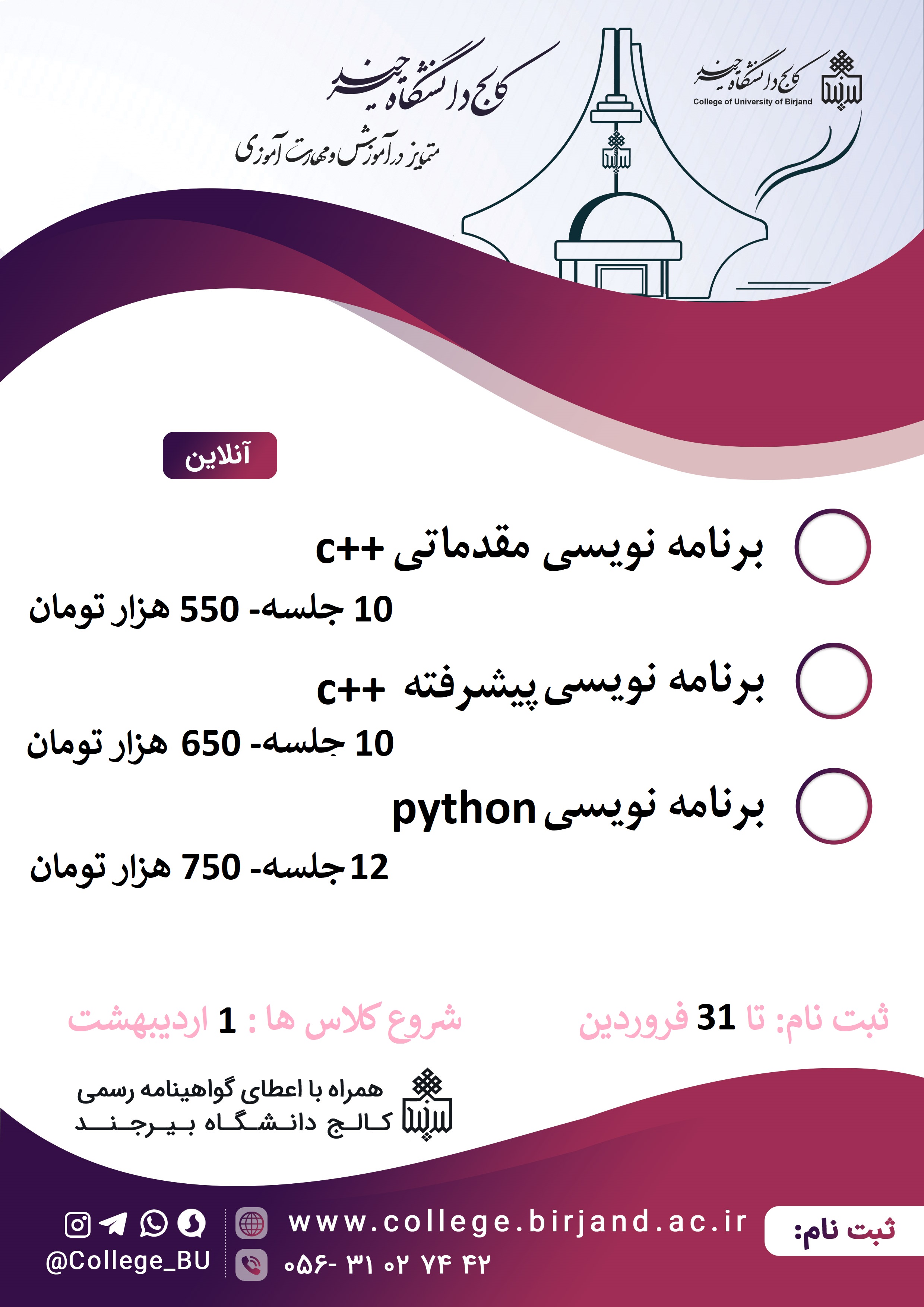 ثبت نام دوره های برنامه نویسی آنلاین (مقدماتی و پیشرفته) کالج دانشگاه بیرجند